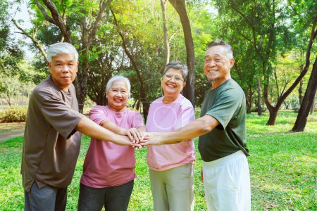 Cheerful group asian elderly retired people who are in good health join hands together join forces recreational activities play sports exercise have fun in the morning have good mood live long life.