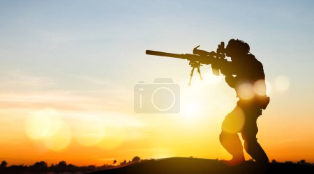 Silhouette soldiers carry sniper rifles to fight protect maintain peace and independence along international borders prevent invasion and terrorism : Infantry carefully patrolling the war zone.
