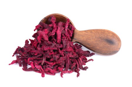 Photo for Dry beetroot in wooden spoon, isolated on the white background. Chopped dried beet - Royalty Free Image