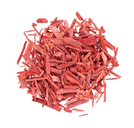 Red Sandalwood incense chips, isolated on white background. Sanderswood, rubywood or red saunders. Top view