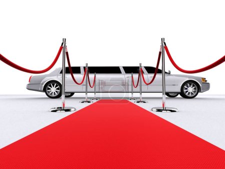 White stretch limo at the end of a red carpet