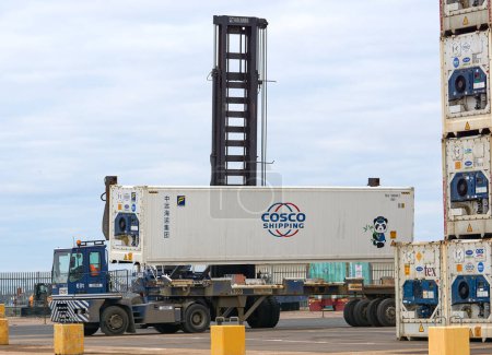 Téléchargez les photos : Refridegerated containers being stacked at Felixstowe docks, Suffolk, UK - en image libre de droit