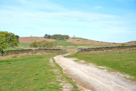 Dry farm track leading to distant hills