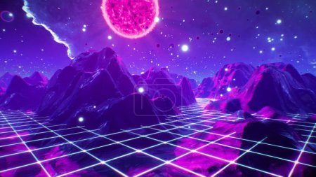 Photo for Futuristic flight through trippy landscape background. High quality 3D illustration with mountains, grid, balls for EDM music video, live show, VJ. Psychedelic flythrough in 4k - Royalty Free Image
