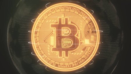 Foto de Resplandeciente Bitcoin criptomoneda símbolo giratorio con contornos de neón. Concepto de dinero digital BTC dorado, finanzas futuristas, tecnología blockchain global en ilustración 3D del ciberespacio. Ultra HD 4k - Imagen libre de derechos