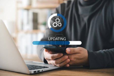 Téléchargez les photos : Operating system upgrade concept, installation and update process, modernize your equipment, and update functions in the new version, Improved security. - en image libre de droit