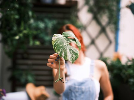 Téléchargez les photos : Une femme rousse debout dans un jardin cache son œil derrière une feuille à motifs - en image libre de droit
