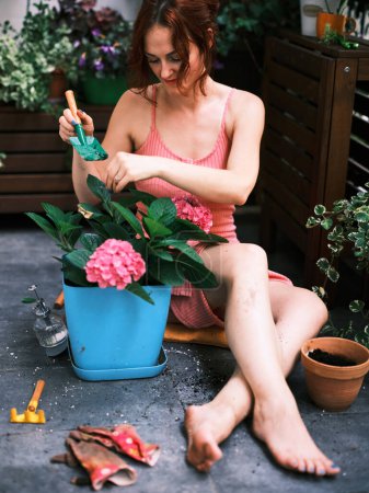Téléchargez les photos : Une jeune femme aux cheveux roux aime travailler sur son ordinateur portable entouré de plantes en pot luxuriantes sur un balcon ensoleillé - en image libre de droit