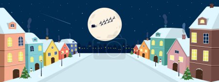 Joyeux Noël bannière vectorielle illustration, doux pastel maison colorée avec panorama rue de la route dans mignonne belle ville, Père Noël volant en traîneau avec neuf rennes sur la pleine lune ciel nuit, étalonnage hiver fond de vacances.