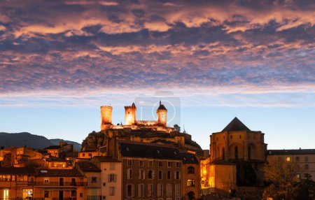 Photo for Chateau de Foix at night seen from the town of Foix, in Ariege, Occitanie, France - Royalty Free Image