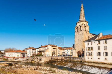 Photo for River Salat and church of Saint Girons in Ariege, Occitanie, France - Royalty Free Image
