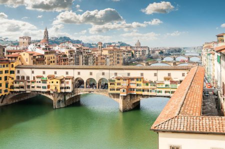 Photo for The Ponte Vecchio over the Arno from the Uffizi Gallery in Florence in Tuscany, Italy - Royalty Free Image