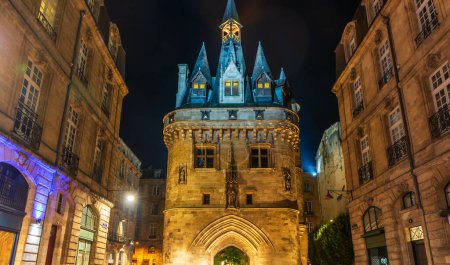 Photo for Cailhau gate on the Quay Richelieu side, at night, in Bordeaux, in Gironde, in Nouvelle-Aquitaine, France - Royalty Free Image