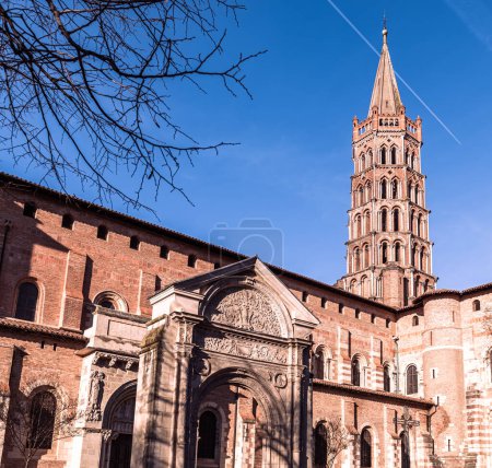 South-east side of Saint Sernin Basilica in winter in Toulouse in Haute-Garonne, Occitanie, France