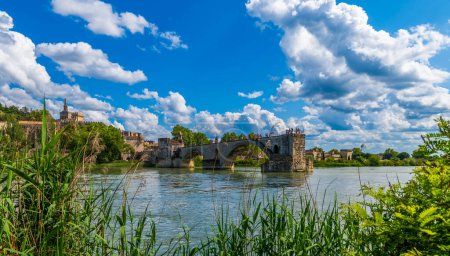 Panorama of Avignon with the Saint Benezet bridge over the Rhone river, in Vaucluse, in Provence, France