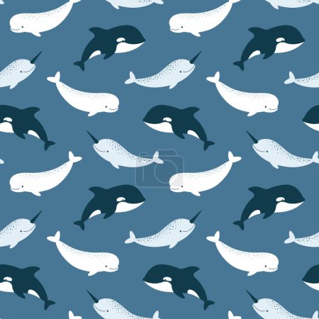 Patrón sin costura vectorial con ballena asesina linda, beluga y narval