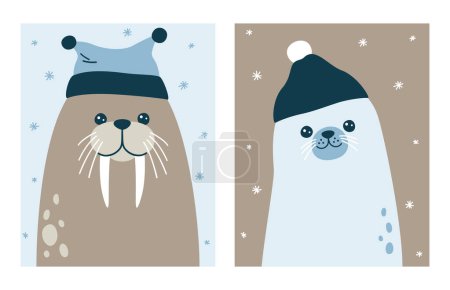 Photo for Vector illustration portraits of cute walrus and fur seal in hats - Royalty Free Image