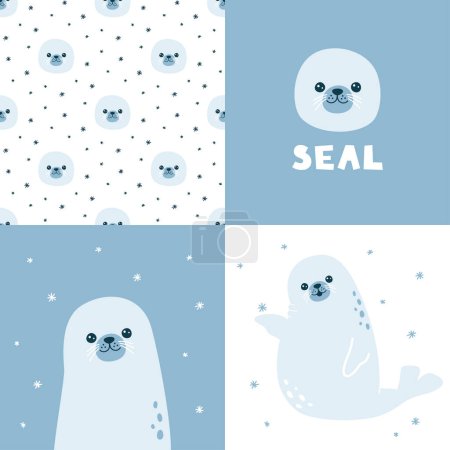 Photo for Cute vector collection with fur seal. Seamless pattern and animal illustration - Royalty Free Image