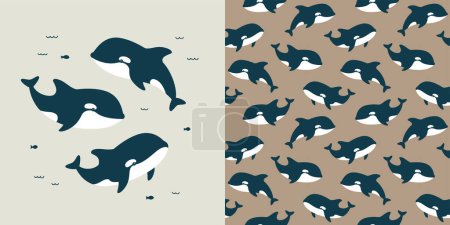 Photo for Cute vector collection with killer whale. Seamless pattern and animal illustration - Royalty Free Image