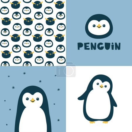 Cute vector collection with penguin. Seamless pattern and animal illustration
