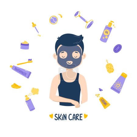 Photo for A man takes care of his skin and uses a face mask. Round frame made of cosmetics. Cute vector illustration isolated on white background - Royalty Free Image