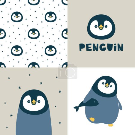 Photo for Cute vector collection with penguin. Seamless pattern and animal illustration - Royalty Free Image