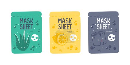Photo for Cute vector face mask sheet packaging design with aloe vera, lemon, charcoal - Royalty Free Image