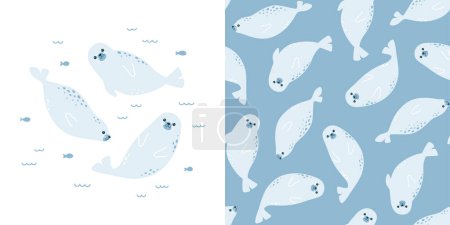 Photo for Cute vector collection with fur seal. Seamless pattern and animal illustration - Royalty Free Image