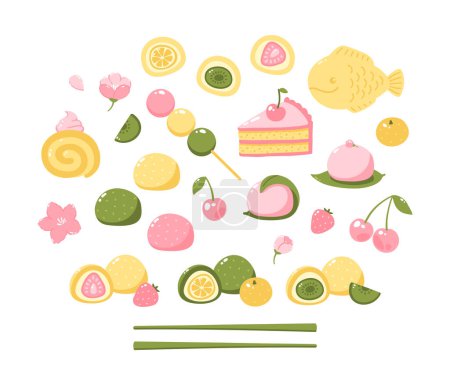 Illustration for Japanese sweets and desserts vector elements set. Mochi, dango, cake - Royalty Free Image