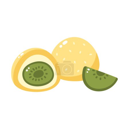 Illustration for Mochi with kiwi filling. Vector illustration of Japanese sweets and desserts. Kawaii print - Royalty Free Image