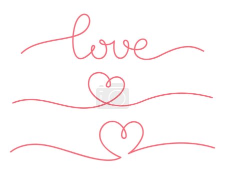 Photo for Lettering text love and heart. Set of romantic decorative vector elements hand drawn in one line. Line art isolated on white background - Royalty Free Image