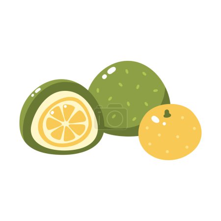 Illustration for Mochi with citrus filling. Mandarin and orange. Vector illustration of Japanese sweets and desserts. Kawaii print - Royalty Free Image