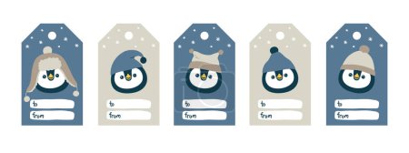 Photo for Vector templates for gift tags and label with cute arctic animals - penguins in hats - Royalty Free Image