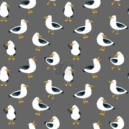 Photo for Seamless pattern with characters of cute seagulls on a gray background. Cartoon hand drawn vector illustration. - Royalty Free Image