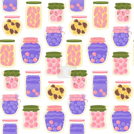 Photo for Cute vector seamless pattern with glass jars of berry jam, marmalade and jelly on a white background - Royalty Free Image
