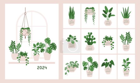 Photo for Vector calendar for 2024 with illustrations of houseplants in pots. The letters and numbers are handwritten. The week starts on Monday. Vertical format. Includes cover - Royalty Free Image