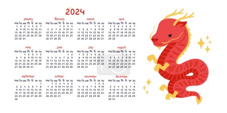 Photo for Vector calendar 2024 with illustration of cute chinese dragon character, symbol of the year. Letters and numbers are written by hand. The week starts on Monday. Horizontal format. Includes cover. On a white background - Royalty Free Image