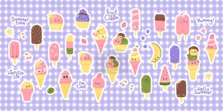 Photo for Big vector sticker set of cute kawaii ice cream characters with white outline. Cold dessert. Summer sweetness. - Royalty Free Image