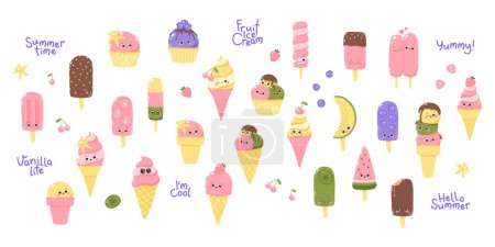 Photo for Big vector sticker set of cute kawaii ice cream characters isolated on white background. Cold dessert. Summer sweetness. - Royalty Free Image