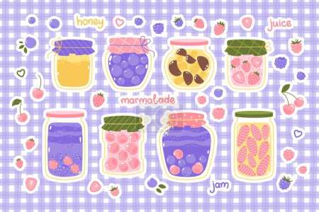 Photo for Cute set of vector glass jars with preserves of berry jam, marmalade and jelly - Royalty Free Image