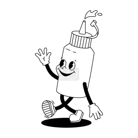 Photo for Vector cartoon retro mascot monochrome illustration of walking sauce ketchup or mustard. Vintage style 30s, 40s, 50s old animation. The clipart is isolated on a white background. - Royalty Free Image