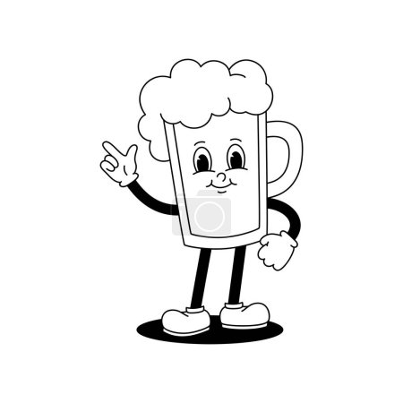 Ilustración de Vector de dibujos animados mascota retro monocromo ilustración de vidrio caminando con cerveza. Estilo vintage 30s, 40s, 50s animación antigua. El clipart está aislado sobre un fondo blanco. - Imagen libre de derechos