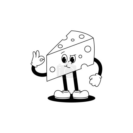 Photo for Vector cartoon retro mascot monochrome illustration of a walking piece of cheese. Vintage style 30s, 40s, 50s old animation. The clipart is isolated on a white background. - Royalty Free Image