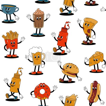 Photo for Vector seamless pattern with cartoon retro mascots colored illustrations of walking street food on a white background. Vintage style 30s, 40s, 50s old animation. - Royalty Free Image