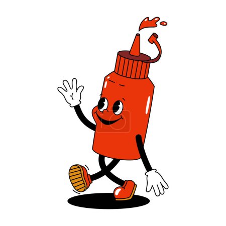 Photo for Vector cartoon retro mascot color illustration of walking ketchup sauce. Vintage style 30s, 40s, 50s old animation. The clipart is isolated on a white background. - Royalty Free Image