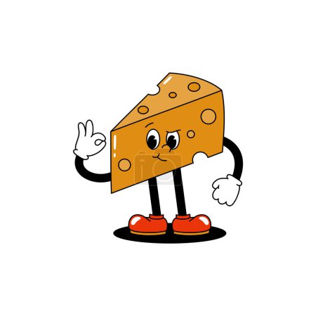 Photo for Vector cartoon retro mascot color illustration of a walking piece of cheese. Vintage style 30s, 40s, 50s old animation. The clipart is isolated on a white background. - Royalty Free Image