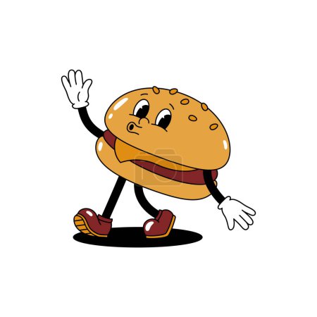 Photo for Vector cartoon retro mascot color illustration of a walking hamburger. Vintage style 30s, 40s, 50s old animation. The clipart is isolated on a white background. - Royalty Free Image