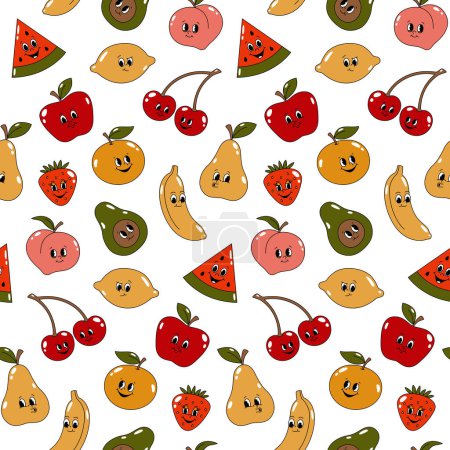 Photo for Vector seamless pattern with cartoon retro mascots colored illustrations of fruits and berries on a white background. Vintage style 30s, 40s, 50s old animation. - Royalty Free Image