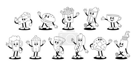 Photo for Vector set with cartoon retro mascot monochrome illustrations of walking street food. Vintage style 30s, 40s, 50s old animation. Stickers isolated on white background. - Royalty Free Image