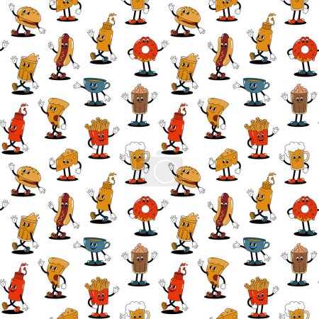 Photo for Vector seamless pattern with cartoon retro mascots colored illustrations of walking street food on a white background. Vintage style 30s, 40s, 50s old animation. - Royalty Free Image